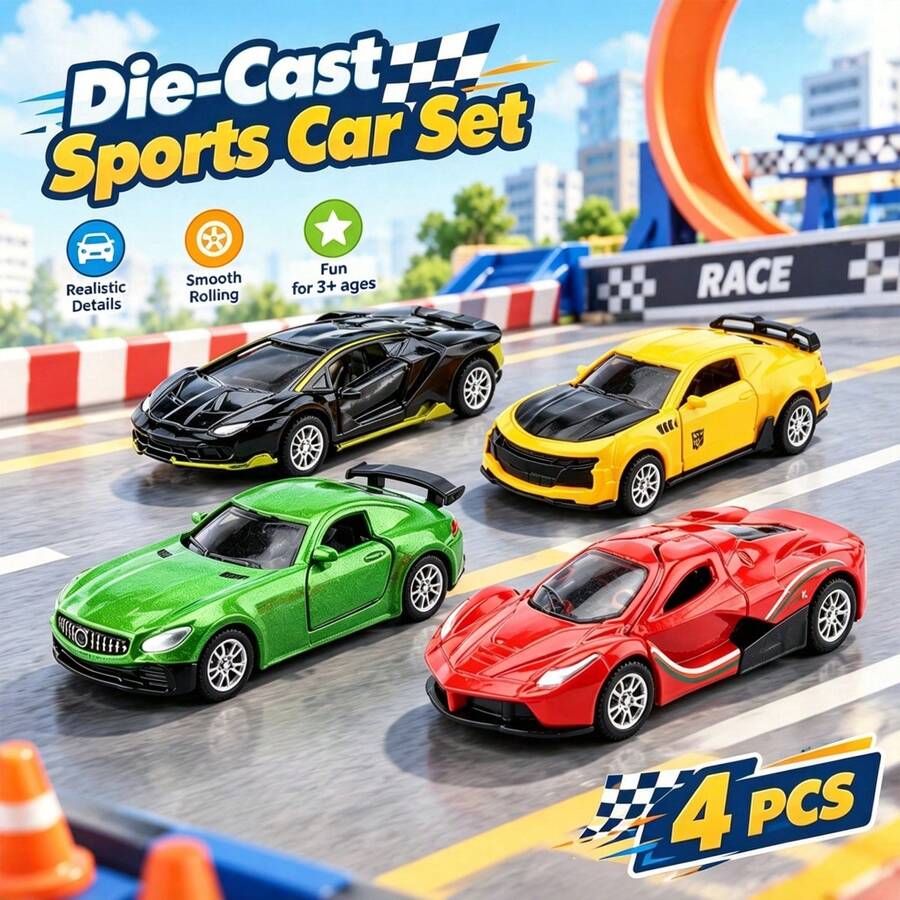 4件組合金汽車模型玩具套裝,逼真跑車可開門,適合3、4、5、6歲男孩女孩的生日禮物,萬聖節派對小禮品,迷你車收藏展示裝飾品 - 彩色 - 查看 1