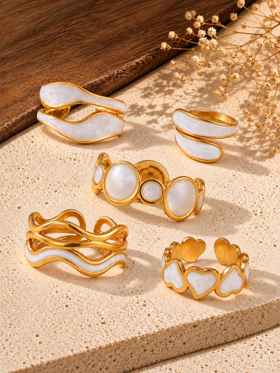 5pcs Women's Gold & White Pearlescent Ring Set, Heart, Round, Wave & Asymmetrical Geometric Open Rings, Luxury Vintage Versatile Jewelry, Suitable For Daily Commute, Dating, Party & Holiday Gift - Gold - View 1