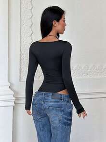 Women's Autumn Black Lace Trim Fitted Long Sleeve Bodysuit, Suitable For Commuting, Daily Wear, Dating, Party, Night Out, Holiday - Black - View 7