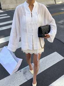 Women's Elegant Sheer Linen Blend Blouse Mandarin Collar Tie Front Loose Fit Long Sleeve Shirt Top - White - View 3