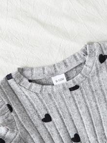 Baby Girl Ribbed Fashion Heart Print All-Over Faux Button Long Sleeve Dress For Outdoor Wear - Grey - View 3