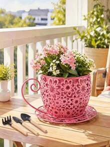 1PC Vintage Metal Tea Cup Planter, Retro Flower Pot, Hollow Floral Metal Planter, Succulent Pot, Small Plant Container, Herb Planter, Indoor Outdoor Garden Decor, Patio Balcony Decoration, Christmas Halloween Easter New Year Decor, Housewarming Gift - Vintage Metal Tea Cup Planter - View 4