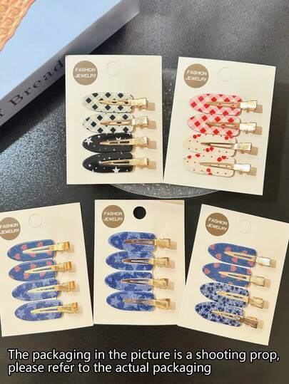 4 piezas de pinzas para el cabello de mujer con estampado vintage de cuadros de mezclilla, corazones y estrellas, pinzas dulces y lindas para el flequillo lateral, accesorios versátiles para el cabello para uso diario y fotos