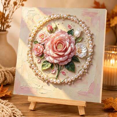 Pearl Diamond Painting Diamond Painting Kit, Pink Flower Pearl Decorative Painting Christmas Gift Living Room Wall Decoration Handmade DIY Holiday Gift Adult Diamond Painting Kit (7.87in*7.87in)