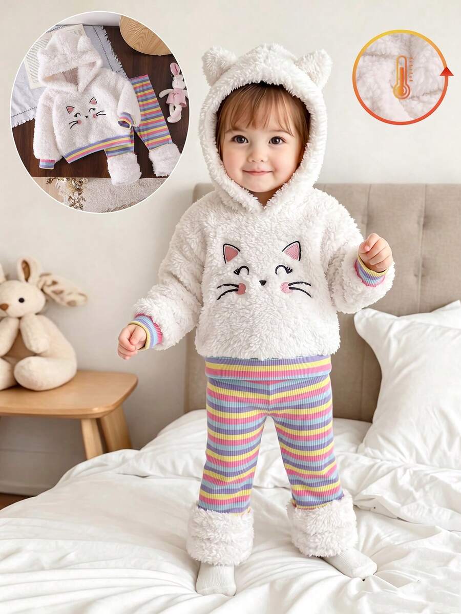 2pcs Baby Girl Casual Cute Cartoon Rabbit Smiling Face Embroidered Double-Sided Fleece Contrast Color Striped Long Sleeve Hooded Sweatshirt And Pants Set Autumn/Winter - White - View 1