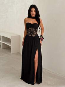 Sleeveless Low-Cut Black Knit Strapless Dress With Contrast Lace And High Slit, Fitted Sexy Dress, Perfect For Formal Occasions And Parties - Black - View 2