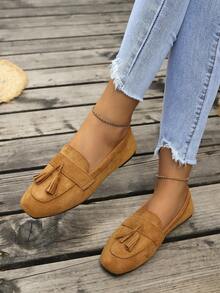 Plus Size 2026 Spring/Autumn Square Toe Loafers, Suede Tassel Slip-On Casual Driving Loafers, Solid Color Preppy College Style Tassel Loafers, Office & Home Wear - Brown - View 3