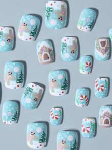 24pcs Short Square Christmas Nails, Christmas Tree, Santa Claus, Snowman, Reindeer, Snowflake, Gingerbread Man, Candy Cane, Christmas Hat Nail Art, Square Nail Set Includes: 1pc Double-Sided Tape And 1pc Nail File, Christmas Nails Suitable For Women And Girls Daily Life And Party Use - Multicolor - View 6