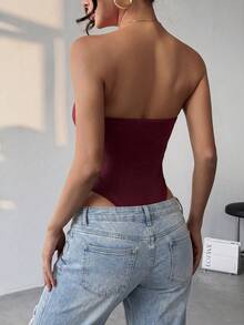 Women's Solid Color Strapless Bodysuit, Versatile For Daily Wear, Sexy & Fashionable Summer - Burgundy - View 2