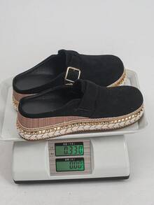 Women's Elegant Round Toe Buckle Black Half-Slip Spring/Autumn New Daily Wear Black Shoes Wide Toe Thick Sole Slippers - Black Suede - Small Square Buckle - View 9