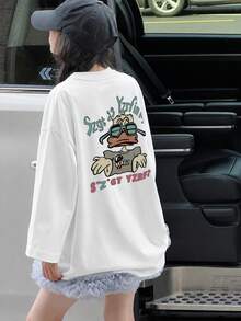 女款秋冬寬鬆極簡百搭貓爪與卡通鴨印花長袖T恤 - 白色 - 查看 4