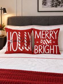shangxia 4PCS--Red & White Candy Pattern Printed Pillow Covers, Candy Cane & Lollipop HOLLY JOLLY Text Printed Cushion Covers, Pillow Inserts Not Included - Multicolor - View 8