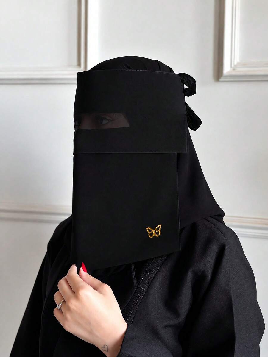 1PC Women's Fashion Solid Color Butterfly Gold Sprinkled Eye Veil, Comfortable Breathable Face Mask, Sun Protection Headwrap Multifunctional Muslim Hijab, Niqab, Turban; Suitable For Daily Outings - Black a - View 1