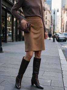 Women's Faux Suede Straight Pencil Skirt With Napoleon Button Decor, Suitable For Autumn/Winter Daily Commute, Outings And Dates, Brown, Halloween - Khaki - View 7