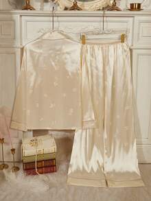 Women's Autumn/Winter Strawberry Jacquard Satin Patch Pocket Front Button Long Sleeve Pajama Set - Champagne - View 2
