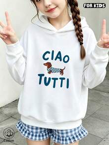 Kids' Casual Hoodie: Loose Fit, Breathable Cotton, Ciao Tutti Text & Plaid Dog Print, Cute Style For Spring/Fall Daily Wear Or Gift - White - View 4