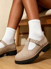 Women's Leopard Print T-Strap Mary Jane Shoes, Thick Platform Sole, Retro JK School Style, Non-Slip Bottom, Versatile For Campus, Commute And Daily Wear - Beige - View 7