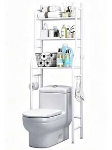 Estantería Organizadora para Inodoro de 3 Niveles, Mueble de Baño Blanco con Ganchos Laterales, Ahorro de Espacio para Toallas, Papel Higiénico y Artículos de Aseo - Blanco - Ver 3