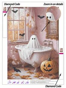 | 5D DIY Diamond Painting | Pink Halloween Gift Handmade Decorative Painting, Cute Ghost In Pink Bathroom. Full Drill Mosaic Craft Kit, High Definition Diamond Art, Suitable For Adults, Can Exercise DIY Skills And Concentration. - Multicolor - View 2