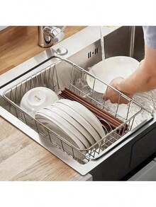 1 Pc Premium Adjustable Stainless Steel Sink Drain Basket - Telescopic Over Sink Multipurpose Dish Drying Rack For Plates, Bowls, Cups, And Utensils - L - View 1