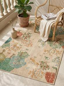 1pc Beige Vintage Forest Animal & Floral Area Rug, Faux Cashmere Material Rectangular French Country Style Artistic Illustration Pattern, Machine Washable Suitable For Living Room Bedroom Daily Home Decor, Aesthetic Home Decoration - Multicolor - View 8