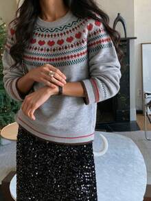 女款秋冬麻灰色費爾島心形圖案柔軟針織圓領插肩長袖毛衣，寬鬆休閒日常度假約會穿搭 - 灰色 - 查看 6