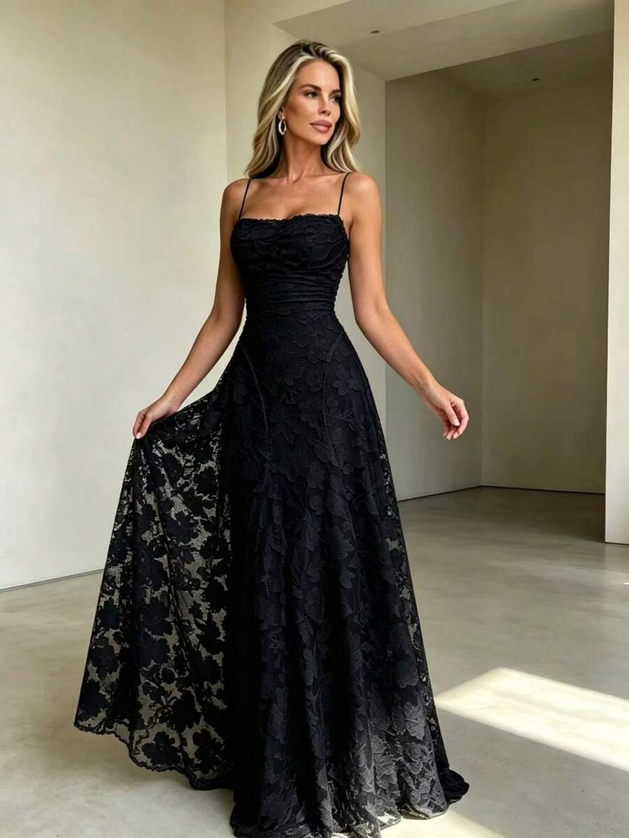 1pc Women's Solid Color French Elegant Spaghetti Strap High Waist Dress, Black, Suitable For Party, Summer, Wedding, Autumn - Black - View 1