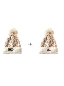 1pc Women's Autumn Winter Leopard Print Knit Beanie, Rolled Cuff Pom Pom Design Hatless Cap Halloween /Christmas - Multicolor - View 9
