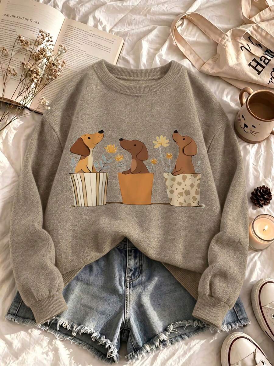 Women's Plus Size Sweater, Dog Flower Pot Pattern, Comfortable Autumn/Winter Women's Wear, Long Sleeve Crew Neck - Khaki - View 1