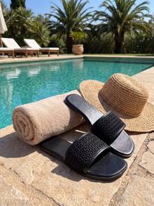 Women's Wavy Pattern Open Toe Slip-On Sandals Anti-Slip Flat Casual Slides - Black - View 5
