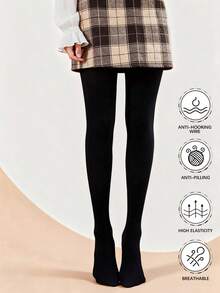 Women's Black Velvet Slightly Sheer Tights, Skin-Friendly Elastic Minimalist Versatile Base Layer Pantyhose, Suitable For Spring/Autumn Wear At 20-25°C - Black - View 9