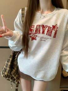 Sweet Style Plaid Patchwork Star & Letter Print Sweatshirt, Simple Casual Daily Versatile Women's Round Neck Autumn Sweatshirt - White-gray - View 5