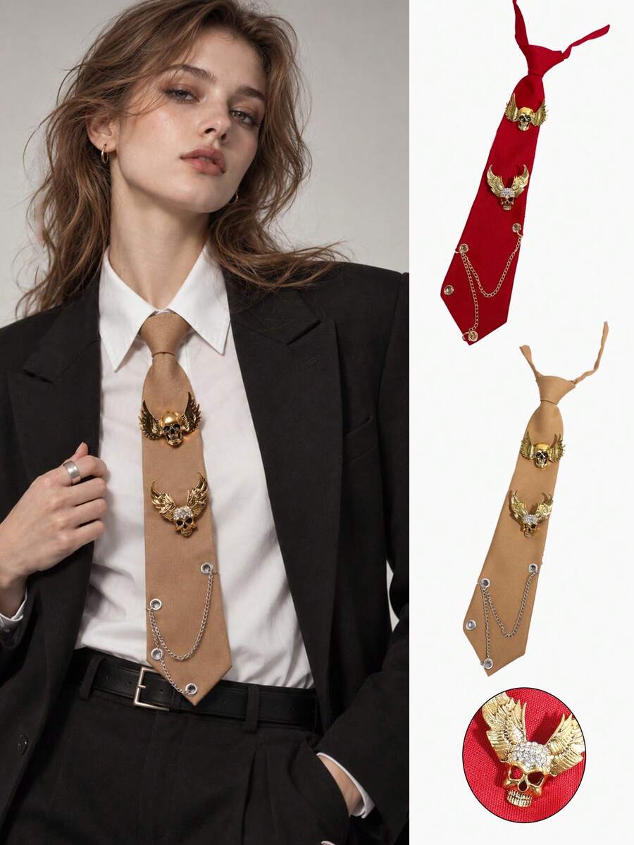 1pc Vintage Punk Style Wing Skull Rhinestone Eyelet Chain Cool Personalized Streetwear Shirt Decoration Women's Tie - Multicolor - View 1