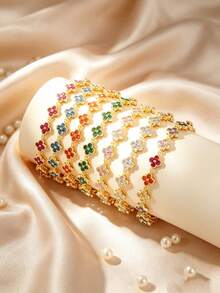 1pc Colorful Fashion Luxury Women's Floral Zirconia Bracelet - Horizontal and Vertical Link - View 1