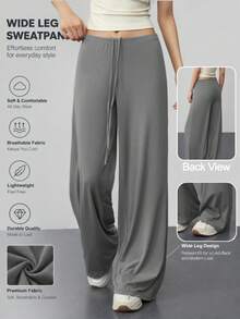Women Solid Drawstring Elastic Waist Wide Leg Yoga Pants, Loose Soft Casual Sports Trousers For Workout Daily Wear - Light Grey - View 2