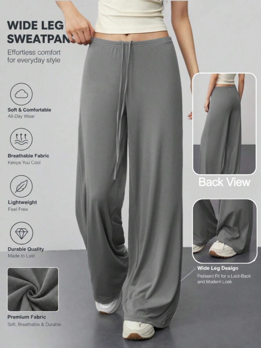 Women Solid Drawstring Elastic Waist Wide Leg Yoga Pants, Loose Soft Casual Sports Trousers For Workout Daily Wear