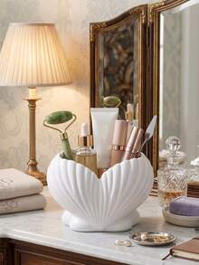 Shell Shaped Makeup Brush Holder, To Organize Vanity Table And Save Counter Space, Holds Makeup Brushes, Lip Liners, Eyeliners And Beauty Tools. No Installation Required, Just Place On Tabletop Stably, Ideal For Bathroom Vanity And Dressing Table - Multicolor - View 6