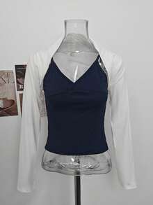 2pcs/Set Hot Girl Style Layered V-Neck Camisole Tank Top & Slimming Long Sleeve Cover-Up Top For Women, Autumn - White and Navy Blue - View 6