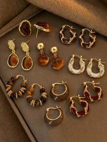 Set Anting-Anting Acak 2/8pcs dengan Batu Mata Harimau Imitasi Bergaya Vintage Elegan, Cocok untuk Pemakaian Sehari-hari Wanita, Padukan dengan Sweater di Musim Gugur/Dingin, Hadiah Sempurna untuk Ibu, Pacar, Sahabat - Coklat - View 2