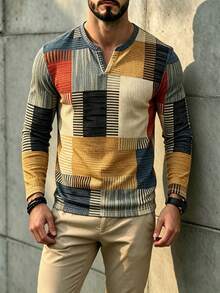 Men's Vintage Plaid Patchwork Henley Collar Long Sleeve T-Shirt, Colorblock Notch Neck Casual Top - Multicolor - View 3