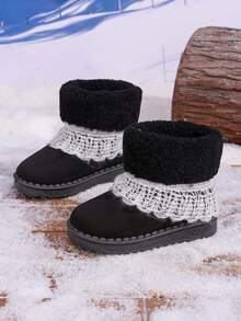 Boys And Girls High-Top Fleece-Lined Ankle Boots; Children's Warm Snow Boots; Soft Sole Non-Slip Fashionable Short Boots - Black - View 7