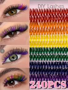 240 Peças Cílios Individuais em Aglomerados Coloridos Arco-Íris - Kit de Extensão de Cílios DIY, com 6 Tons Vibrantes. Projetado com Curva C, permite que você crie looks ousados e divertidos para os olhos diretamente em casa. Perfeito para maquiagem de palco, festas e Halloween. - D - Visão 3