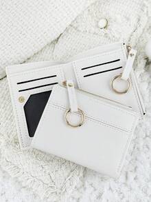 Women's Multi-Function Short Zipper Wallet, Foldable Card Holder With Snap Closure, Small Ring Wrist Strap Decor, Suitable For Outdoor Use - White - View 8