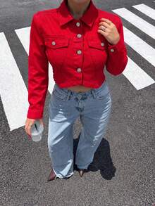 Women's Red Short Denim Shacket, Long Sleeve Shirt Collar Jacket, Gold Button Detail, Non-Stretch Fabric, Suitable For Daily Wear - Red - View 3