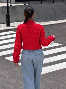 Women's Red Short Denim Shacket, Long Sleeve Shirt Collar Jacket, Gold Button Detail, Non-Stretch Fabric, Suitable For Daily Wear - Red - View 4