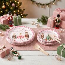 10/20/50pcs Macaron Pink Argyle Nutcracker Christmas Disposable Paper Plates, 7 Inch And 9 Inch, Cute Mouse King Sugar Plum Fairy Nutcracker Soldier Dinner Plates, Pink Nutcracker Theme Party Table Decor, Christmas Family Dinner - Multicolor - View 3