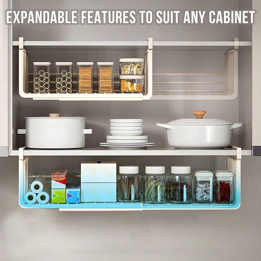 Expandable Under-Cabinet Hanging Storage Basket, Adjustable Under-Cabinet Organizer, Pull-Out Cabinet Storage Rack Without Drilling