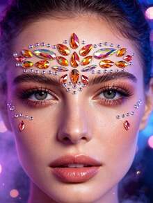 5/3/2/1pcs Y2K Gold Orange Iridescent Crystal Face Rhinestone Stickers, Self-Adhesive AB Color Crystal Face Decals, Suitable For Halloween, EDM Party, Music Festival Makeup Decoration - Multicolor - View 4