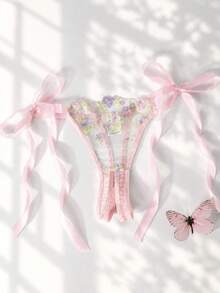 Sweet Girl Sheer Embroidered Bra Set, Heart Rhinestone Design, Comfortable Sexy Lingerie Set For Women, Suitable For Dates, Valentine's Day - Pink - View 4