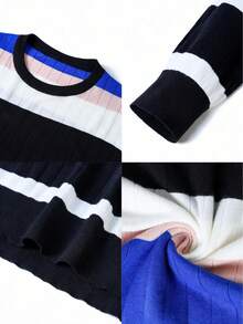 GRDR Men's Multi-Color Horizontal Ribbed Vertical Ribbed Knit Sweater, Autumn/Winter Retro Textured Contrast Color Crew Neck Casual Pullover - Blue - View 11